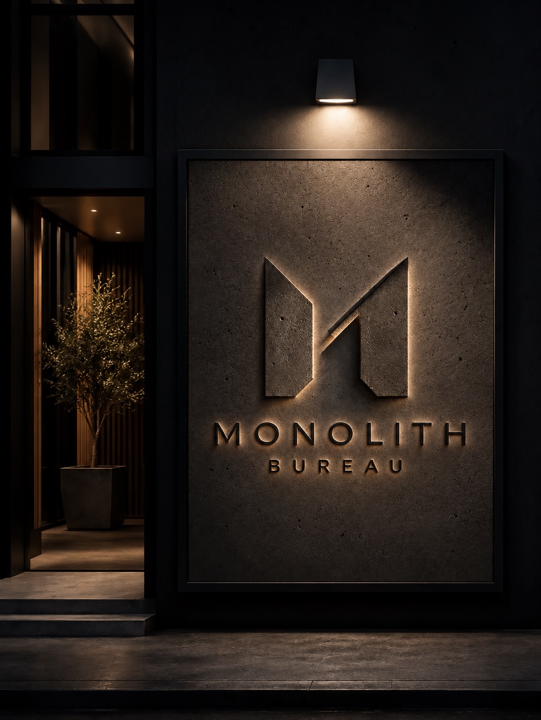 Rótulo de MONOLITH BUREAU en un muro de hormigón al anochecer