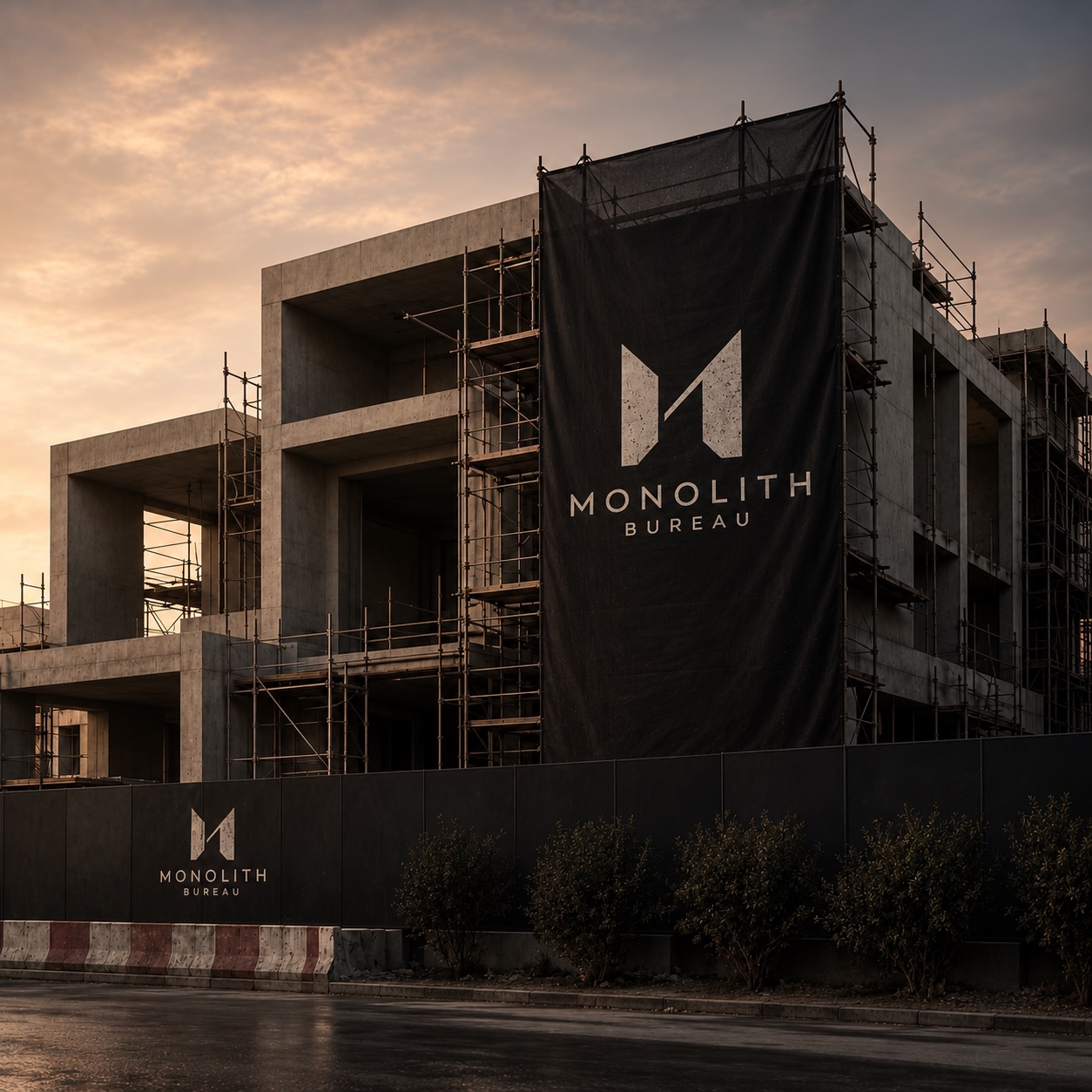 Estructura de hormigón de un edificio con andamios y una lona de MONOLITH BUREAU al atardecer